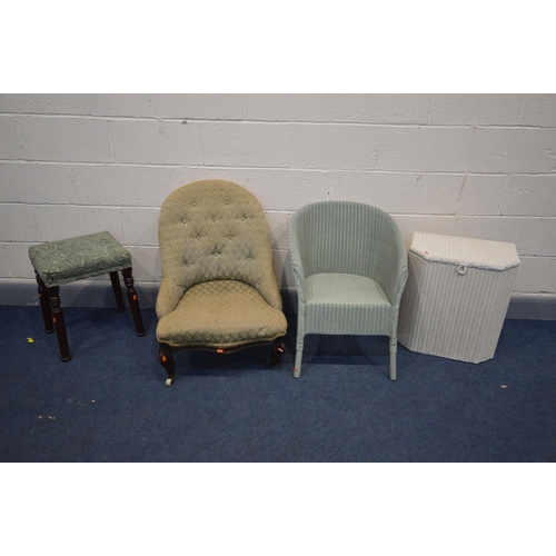 1389 - A VICTORIAN STYLE MAHOGANY STOOL, along with a Victorian bedroom chair (repairs) a Lloyd loom basket... 