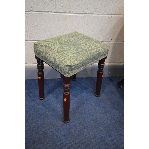 1389 - A VICTORIAN STYLE MAHOGANY STOOL, along with a Victorian bedroom chair (repairs) a Lloyd loom basket... 