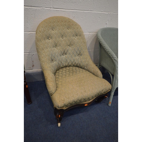 1389 - A VICTORIAN STYLE MAHOGANY STOOL, along with a Victorian bedroom chair (repairs) a Lloyd loom basket... 