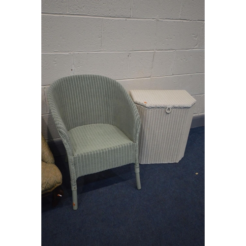 1389 - A VICTORIAN STYLE MAHOGANY STOOL, along with a Victorian bedroom chair (repairs) a Lloyd loom basket... 