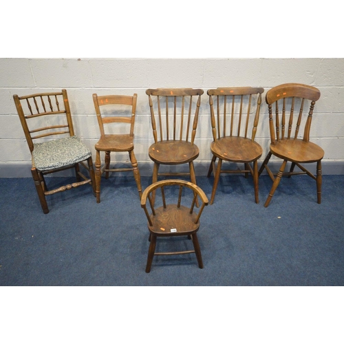 1390 - SIX VARIOUS PERDIOD CHAIRS, to include a 20th century oak child's chair, 19th century elm country ru... 