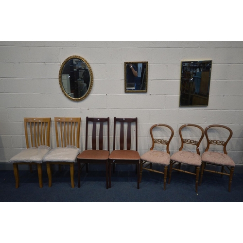 1391 - A SET OF THREE VICTORIAN CHAIRS, along with two pairs of modern chairs, two gilt framed wall mirror ... 