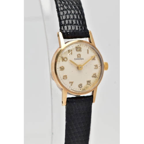 10 - A LADIES 9CT GOLD 'OMEGA' WRISTWATCH, circa 1960's, hand wound movement, round champagne dial signed... 