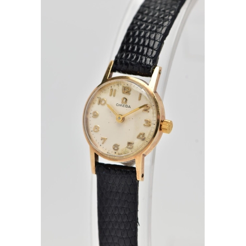 10 - A LADIES 9CT GOLD 'OMEGA' WRISTWATCH, circa 1960's, hand wound movement, round champagne dial signed... 