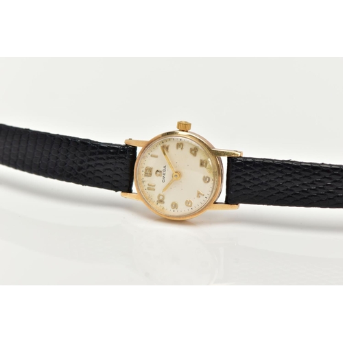 10 - A LADIES 9CT GOLD 'OMEGA' WRISTWATCH, circa 1960's, hand wound movement, round champagne dial signed... 