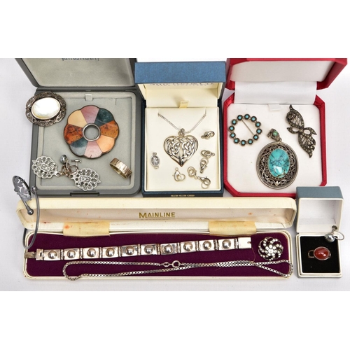 14 - A TRAY OF ASSORTED SILVER AND WHITE METAL JEWELLERY, to include a silver and mother of pearl openwor... 