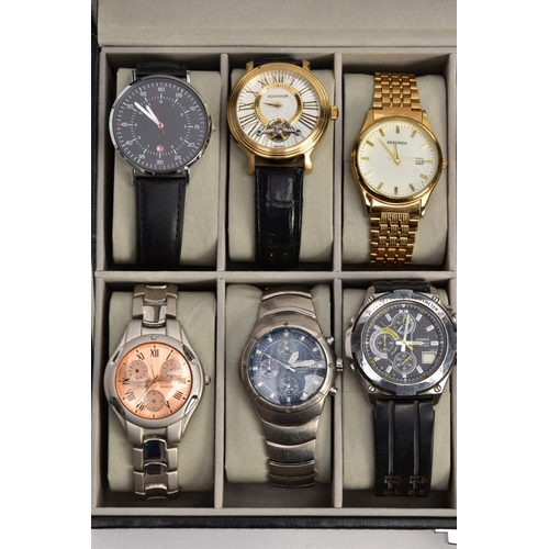 17 - A WATCH DISPLAY CASE WITH WATCHES, faux leather black case with a glass window, twelve watch storage... 