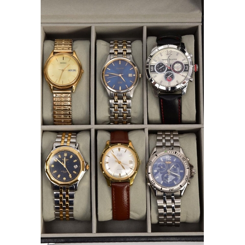 17 - A WATCH DISPLAY CASE WITH WATCHES, faux leather black case with a glass window, twelve watch storage... 