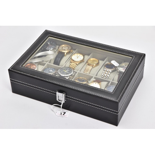 17 - A WATCH DISPLAY CASE WITH WATCHES, faux leather black case with a glass window, twelve watch storage... 