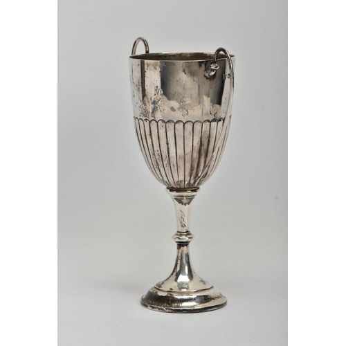 20 - A SILVER TROPHY CUP, double scroll handles, stop reeding design to half of the cup, tapered stem, on... 