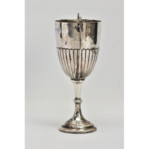 20 - A SILVER TROPHY CUP, double scroll handles, stop reeding design to half of the cup, tapered stem, on... 