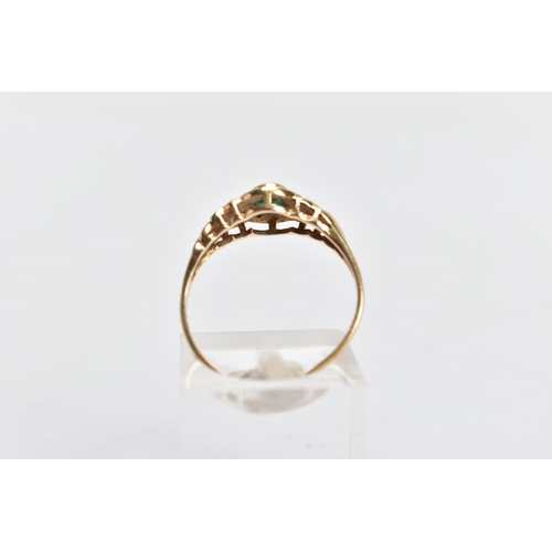 21 - A 9CT GOLD EMERALD AND DIAMOND RING, centring on a circular cut emerald, within single cut diamond d... 