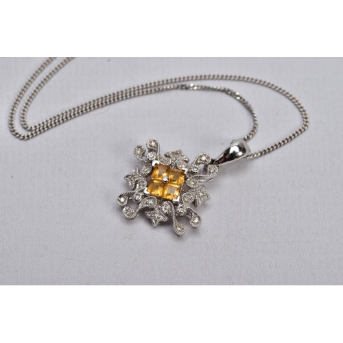 30 - A WHITE METAL CITRINE AND DIAMOND PENDANT NECKLACE, the pendant centring on four square cut citrine'... 