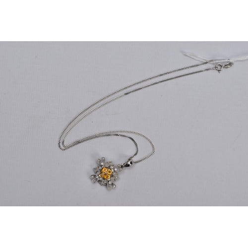 30 - A WHITE METAL CITRINE AND DIAMOND PENDANT NECKLACE, the pendant centring on four square cut citrine'... 