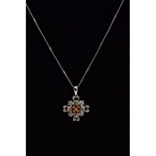 30 - A WHITE METAL CITRINE AND DIAMOND PENDANT NECKLACE, the pendant centring on four square cut citrine'... 