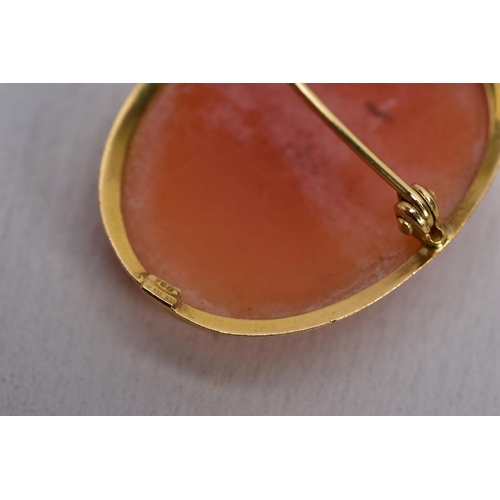 32 - A 9CT GOLD PENDANT AND A YELLOW METAL CAMEO BROOCH/PENDANT, the first a hollow pendant in the form o... 