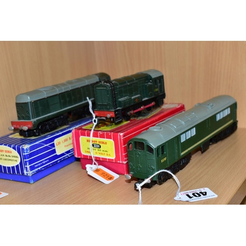 401 - THREE HORNBY DUBLO TWO RAIL LOCOMOTIVES, boxed class 20 No. D8017 (2230), boxed class 08 No. D3302 (... 