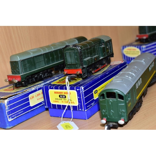 402 - THREE HORNBY DUBLO THREE RAIL LOCOMOTIVES, boxed class 20 No. D8000 (L30), boxed class 08 No. D3763 ... 