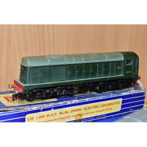 402 - THREE HORNBY DUBLO THREE RAIL LOCOMOTIVES, boxed class 20 No. D8000 (L30), boxed class 08 No. D3763 ... 