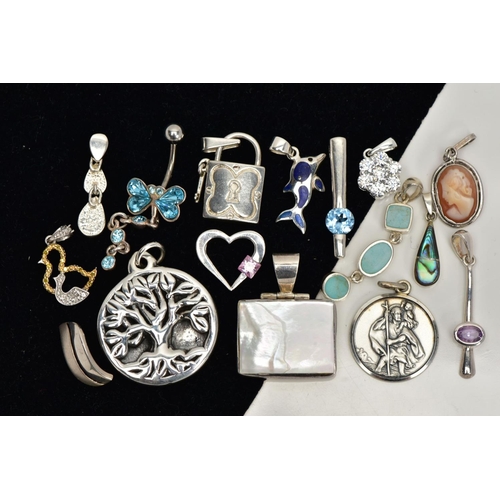 4 - A BOX OF ASSORTED WHITE METAL PENDANTS AND A BELLY BUTTON BAR, in various forms such as a white meta... 