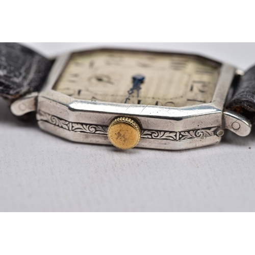 47 - A GENTS EARLY 20TH CENTURY SILVER WRISTWATCH, AF watch with a rectangular engine turned silver dial ... 