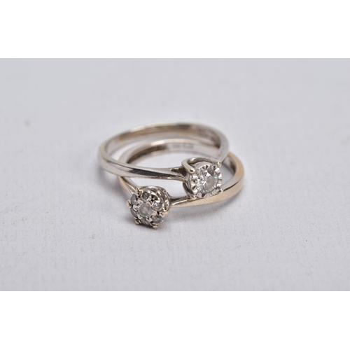 49 - TWO DIAMOND RINGS, the first a white gold ring, designed with a raised illusion set, round brilliant... 