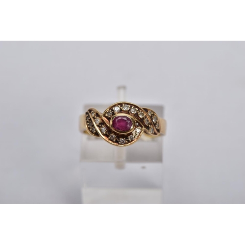 51 - A YELLOW METAL RUBY AND DIAMOND CLUSTER RING, centring on an oval cut ruby, within a single cut diam... 