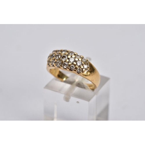 52 - A GENTS 18CT GOLD DIAMOND RING, wide band set with a cluster of round brilliant cut diamonds, stampe... 