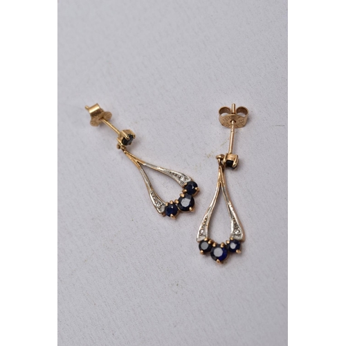 54 - A PAIR OF 9CT GOLD SAPPHIRE AND DIAMOND DROP EARRINGS, TWO 9CT GOLD GEM SET PENDANTS AND A YELLOW ME... 