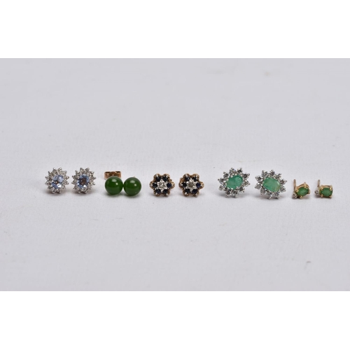 56 - FIVE PAIRS OF GEM SET EARRINGS, to include a pair of emerald and diamond stud earrings, missing scro... 