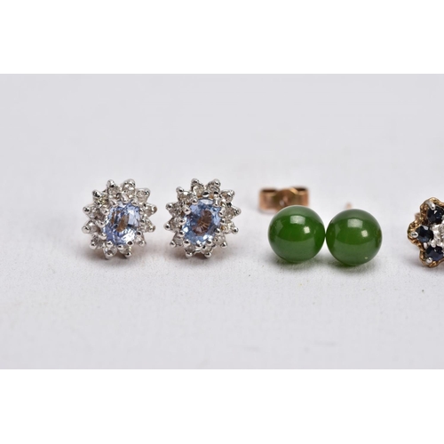 56 - FIVE PAIRS OF GEM SET EARRINGS, to include a pair of emerald and diamond stud earrings, missing scro... 