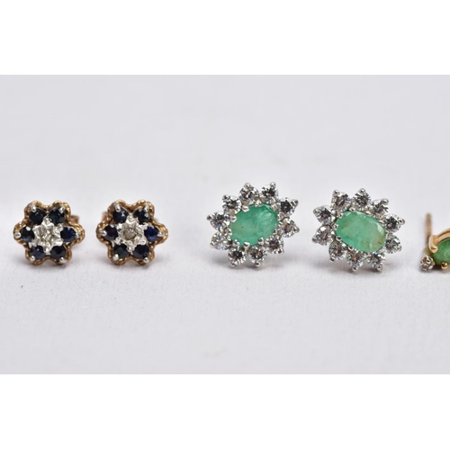 56 - FIVE PAIRS OF GEM SET EARRINGS, to include a pair of emerald and diamond stud earrings, missing scro... 