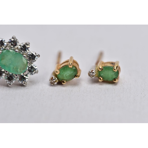 56 - FIVE PAIRS OF GEM SET EARRINGS, to include a pair of emerald and diamond stud earrings, missing scro... 