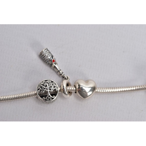 58 - A PANDORA CHARM BRACELET, snake chain bracelet fitted with nine charms in forms such as an openwork ... 