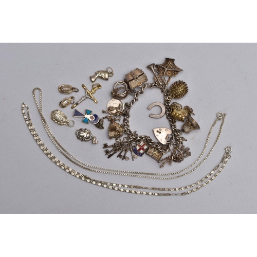 59 - A SILVER CHARM BRACELET, LOOSE CHARMS AND TWO WHITE METAL CHAINS, the charm bracelet fitted with a h... 