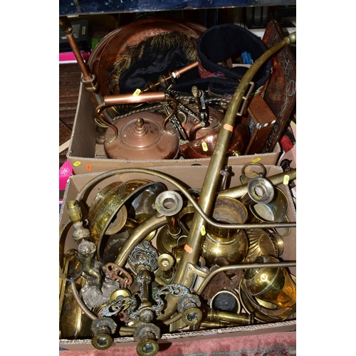 607 - TWO BOXES OF BRASS AND COPPER, etc, to include a pair of brass horse hames, a tapestry pendant on br... 