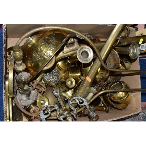 607 - TWO BOXES OF BRASS AND COPPER, etc, to include a pair of brass horse hames, a tapestry pendant on br... 