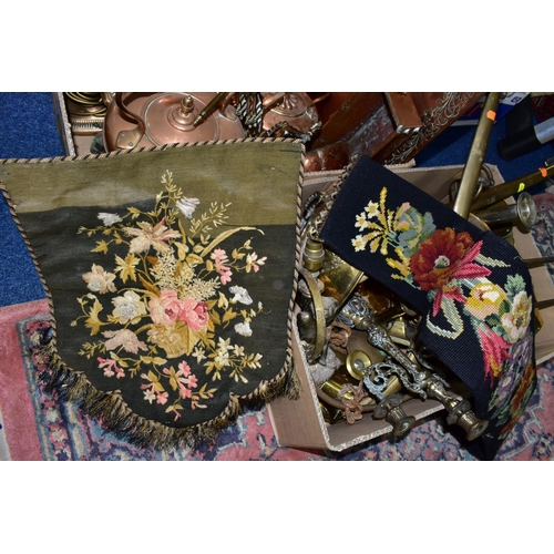 607 - TWO BOXES OF BRASS AND COPPER, etc, to include a pair of brass horse hames, a tapestry pendant on br... 