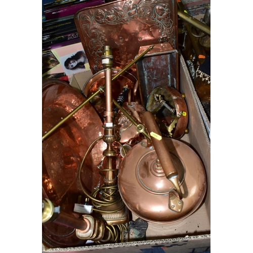 607 - TWO BOXES OF BRASS AND COPPER, etc, to include a pair of brass horse hames, a tapestry pendant on br... 