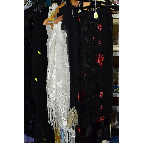 609 - APPROXIMATELY THIRTY SILK, TAFFETA AND CROCHET WORK SCARVES, assorted colours and patterns, some exa... 