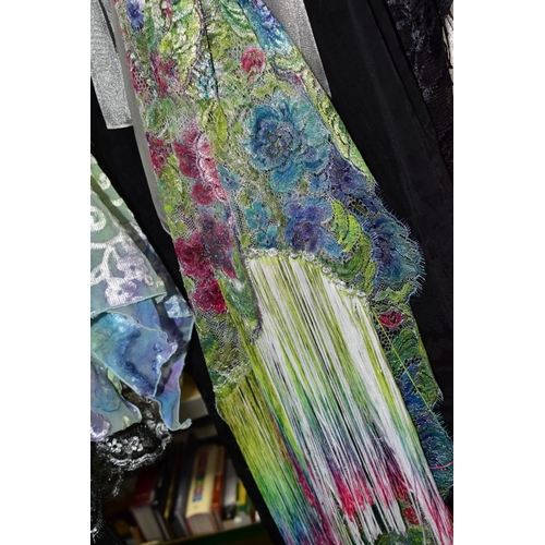 609 - APPROXIMATELY THIRTY SILK, TAFFETA AND CROCHET WORK SCARVES, assorted colours and patterns, some exa... 