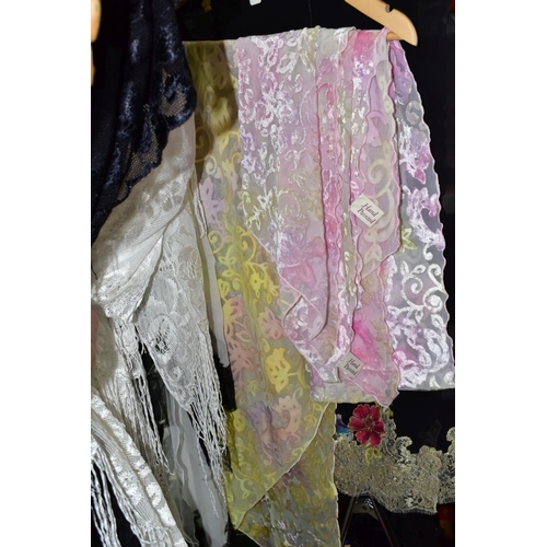 609 - APPROXIMATELY THIRTY SILK, TAFFETA AND CROCHET WORK SCARVES, assorted colours and patterns, some exa... 