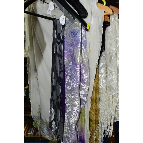 609 - APPROXIMATELY THIRTY SILK, TAFFETA AND CROCHET WORK SCARVES, assorted colours and patterns, some exa... 