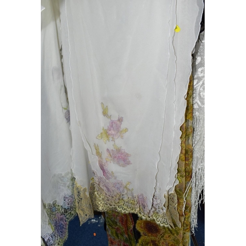 609 - APPROXIMATELY THIRTY SILK, TAFFETA AND CROCHET WORK SCARVES, assorted colours and patterns, some exa... 