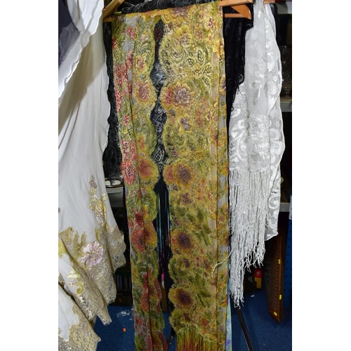 609 - APPROXIMATELY THIRTY SILK, TAFFETA AND CROCHET WORK SCARVES, assorted colours and patterns, some exa... 