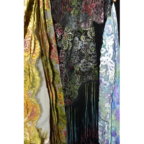 609 - APPROXIMATELY THIRTY SILK, TAFFETA AND CROCHET WORK SCARVES, assorted colours and patterns, some exa... 