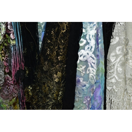 609 - APPROXIMATELY THIRTY SILK, TAFFETA AND CROCHET WORK SCARVES, assorted colours and patterns, some exa... 