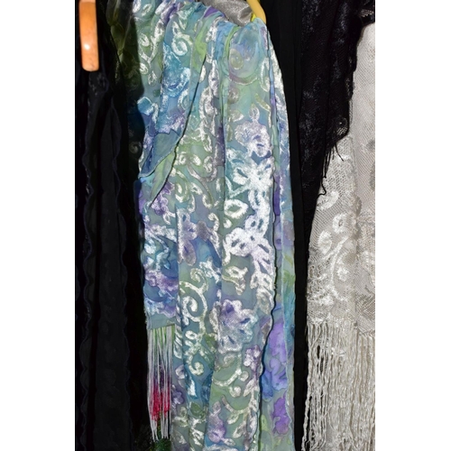 609 - APPROXIMATELY THIRTY SILK, TAFFETA AND CROCHET WORK SCARVES, assorted colours and patterns, some exa... 