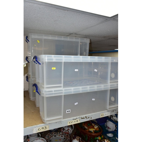 610 - FIVE 50 LTR STACKING PLASTIC STORAGE BOXES, with lids and carry handles branded 'Really Useful Box'