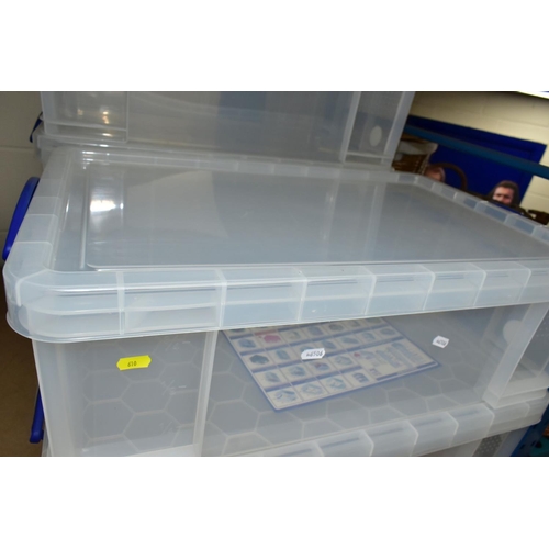 610 - FIVE 50 LTR STACKING PLASTIC STORAGE BOXES, with lids and carry handles branded 'Really Useful Box'